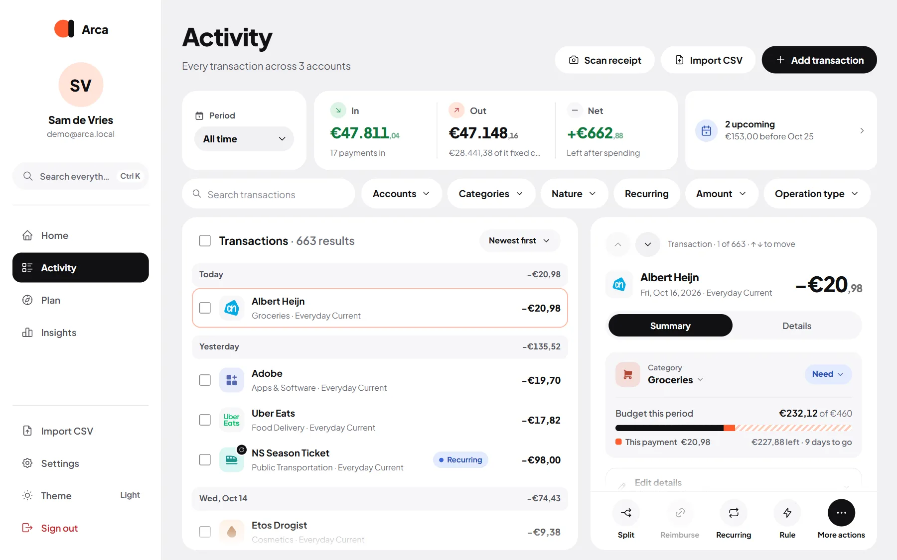 Activity: transactions grouped by day, with the detail panel open